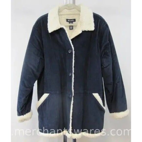 SALE!! Denim & Co Navy Blue Sherpa Lined Corduroy Button Front Jacket Large - Picture 1 of 8